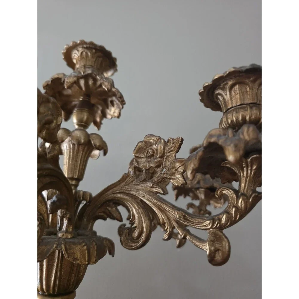 Antique Pair of French Gilt Brass Floral Five Light Candelabra Rococo Style 1900